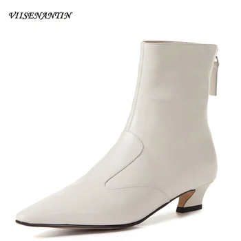 

Fashion Small Heel Short Boots Female Pointed Cat Heel Nude Boots Mid-heel Spring and Autumn Single Thick Heel Shoes for Women