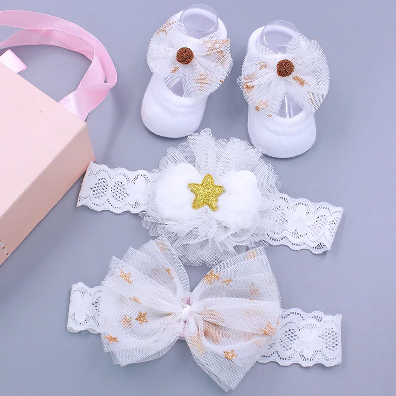3Pcs/Set Star Lace Baby Headband Socks Set Flower Bowknot Newborn Baby