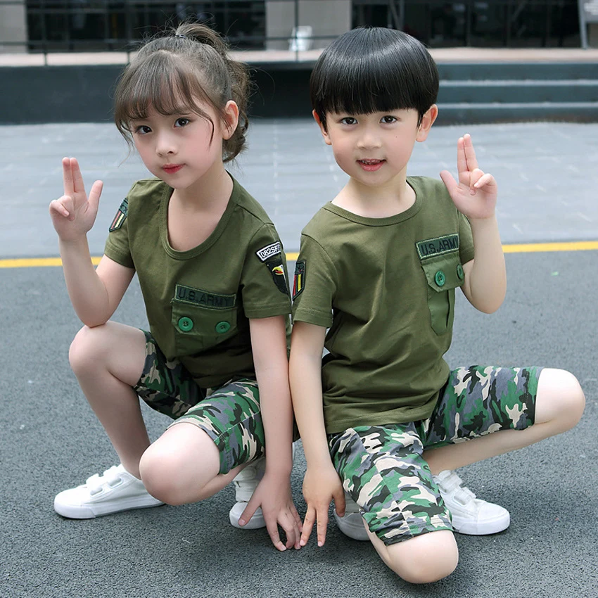 

US Army Suit Summer Short Sleeve T-shirt Camouflage Shorts Kids Military Uniform Boys Girls Cotton Air Force with Pocket