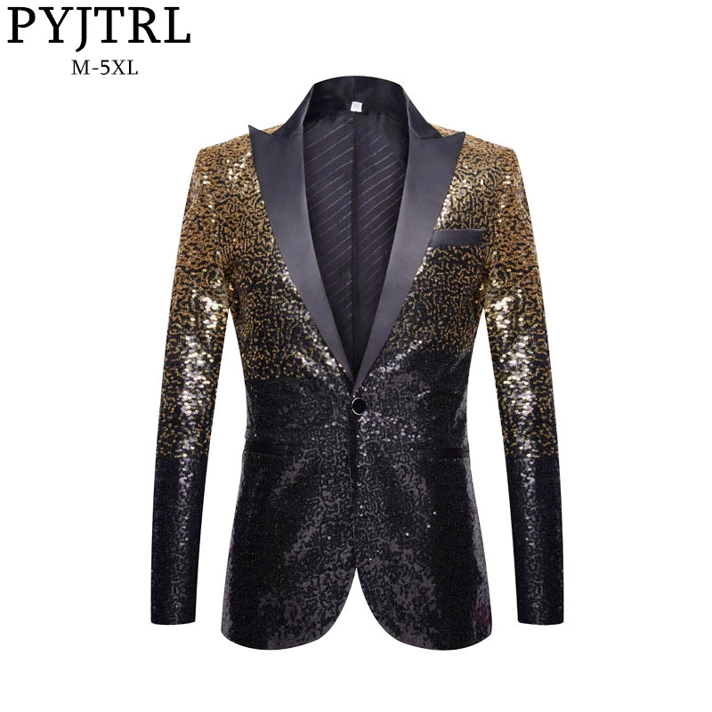 PYJTRL Мужская мода постепенное изменение золотой черный Slim Fit пиджак для банкета