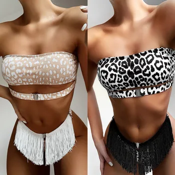 

Leopard tassels bathing suit women clothing summer beach 2020 new fashion Cotton polyester high waisted bathing suits 2piece set