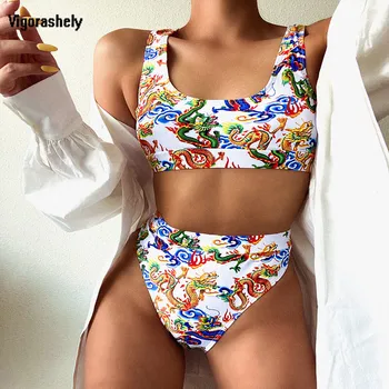 

Vigorashely 2020 Chinese Drogan Print Sexy Bikini Set Women Swimwear Two Piece Swimsuit Female High Waist Bathing Suit Swim Wear