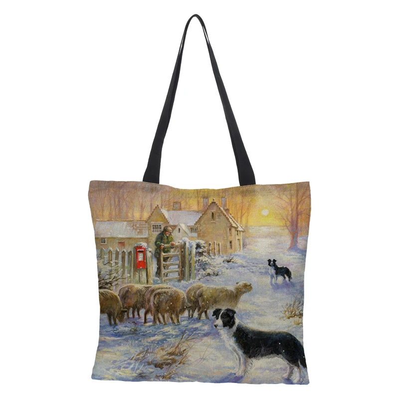 CROWDALE Double-sided Merry Christmas gift bages Linen Shopping bags for Christmas Handbag Women Shoulder Cloth Pouch 43cm*43cm - Цвет: 13