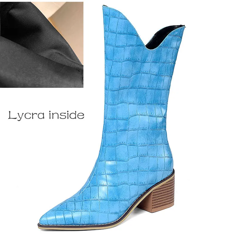 Lycra inside blue Lsewilly/ковбойские сапоги до середины икры в стиле панк; женские сапоги в байкерском стиле на необычном высоком каблуке без застежки; большие размеры 34-43; K238 - Цвет: Lycra inside blue