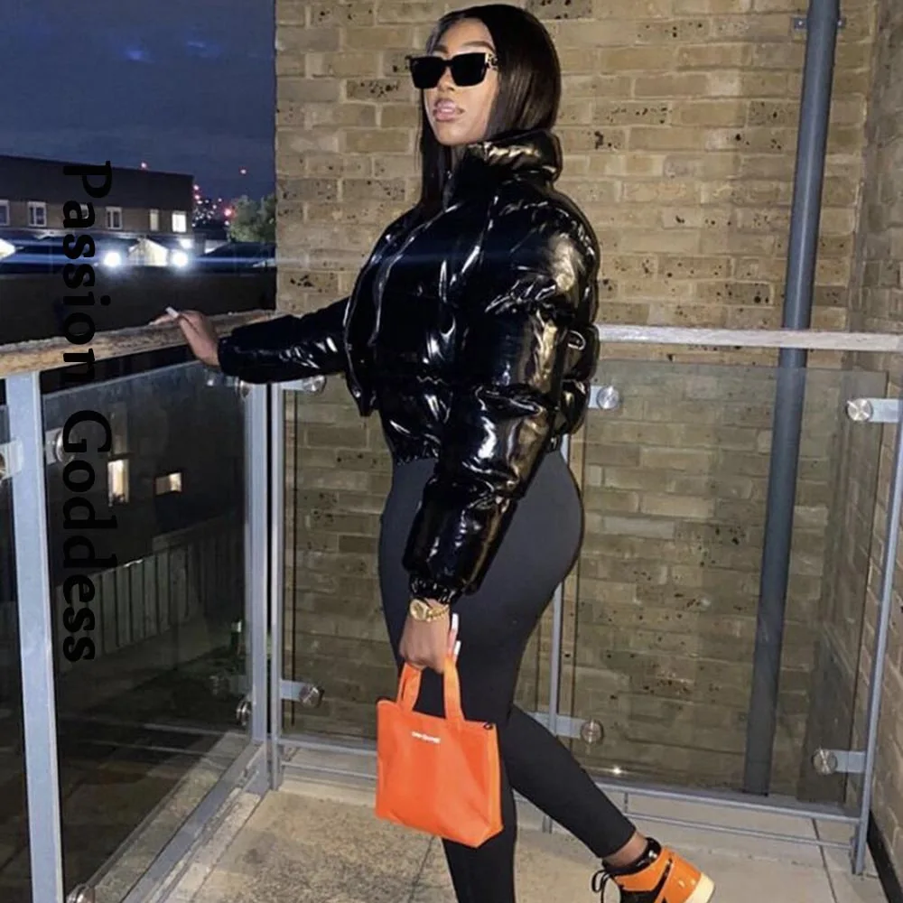 Autumn Winter Women Bright PU Puffer Jackets Warm