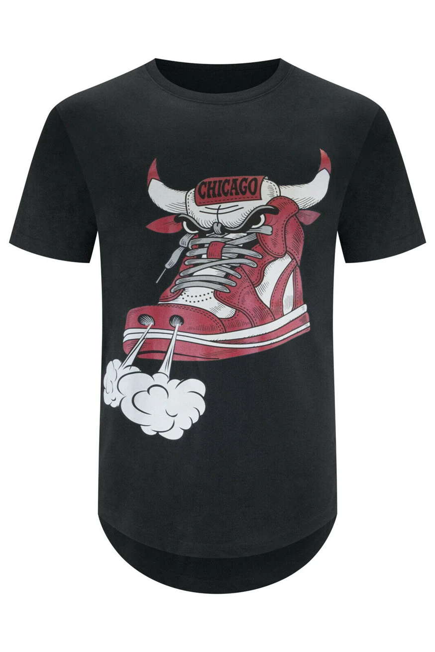 

New Men Chicago Shoe Bull Red White Hip Hop Longline T-Shirt Black Sizes S-2Xl Retro O Neck Tee Shirt