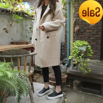 

Thin Wool Blend Coat Women New Long Sleeve Turn-down Collar Outwear Jacket Casual Autumn Winter Elegant Overcoat Outwear