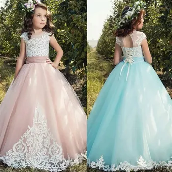 

Flower Girl Dresses With Bow Beaded Crystal Lace Up Applique Ball Gown First Communion Dress for Girls Customized