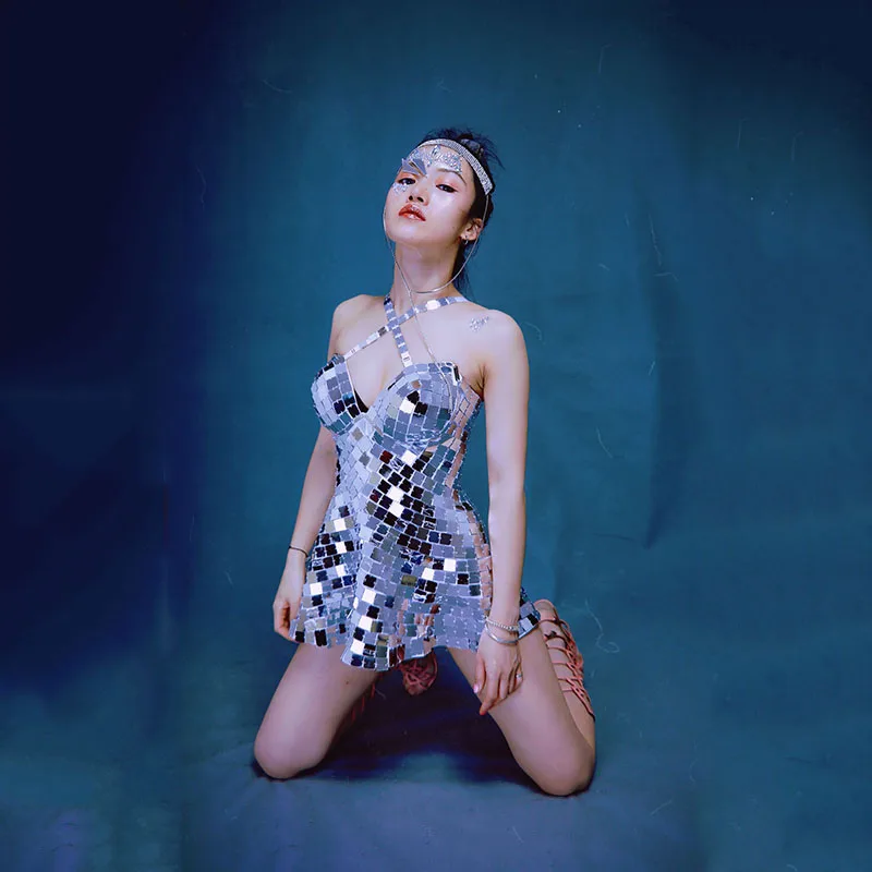 Silver lens Bodysuit Dress DS Costume Female Singer Stage Wear lens DJ Dance WEAR Party Stretch Jumpsuit Outfit Sexy clothing