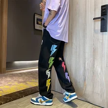 Pantalones vaqueros negros con estampado de Hip Hop para hombre, pantalón largo de pierna ancha, holgado, de tubo recto, estilo coreano personalizado, 2021