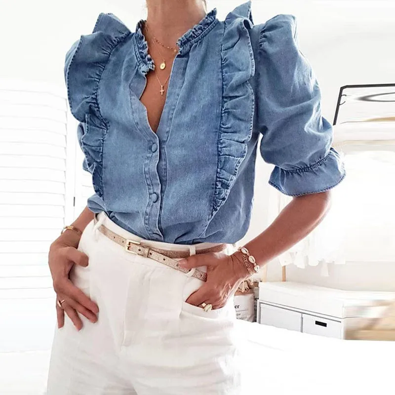  Autumn Winter Women Ruffles Puffed Sleeve Denim Shirt Loose Casual Solid Blouse Blue Elegant Female