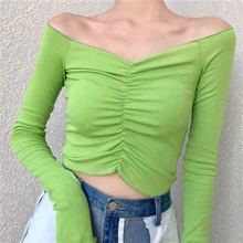 

Women's 2022 Spring New Cotton Top Long Sleeve Slim Thin Solid T Shirt Female Slash Neck Folds Casual Short Tees T-Shirts Femme