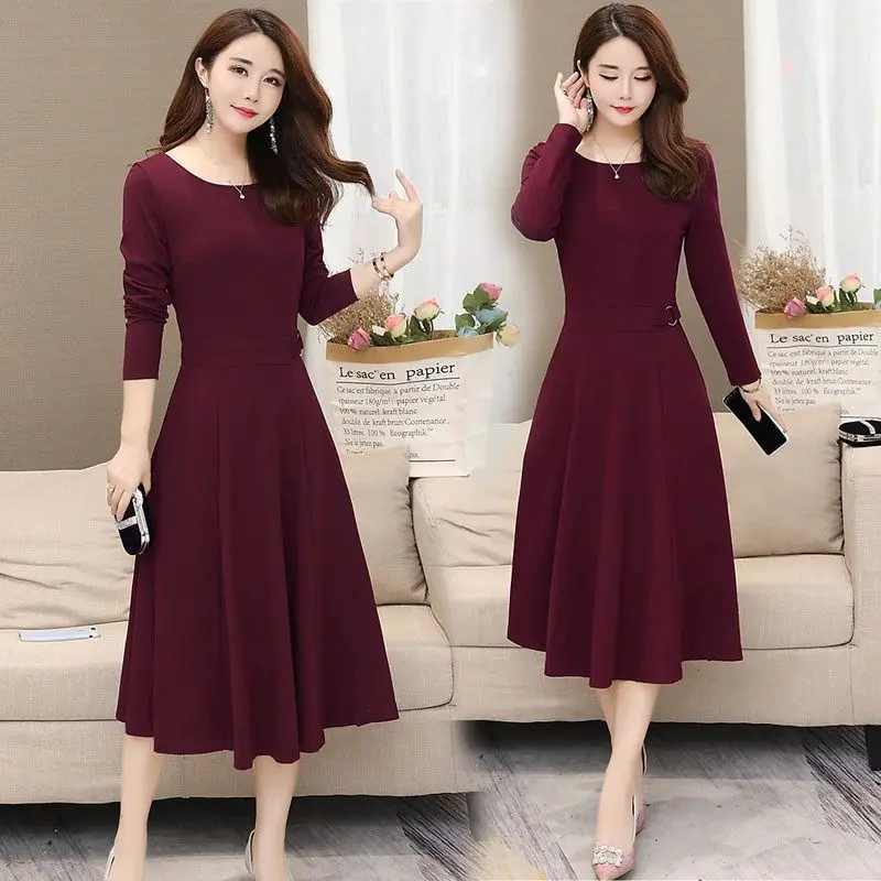 

Autumn And Winter Large Size WOMEN'S Dress Long Sleeve Fashion Slimming Middle-aged Women Dress Elegant A- line Skirt Mid-length