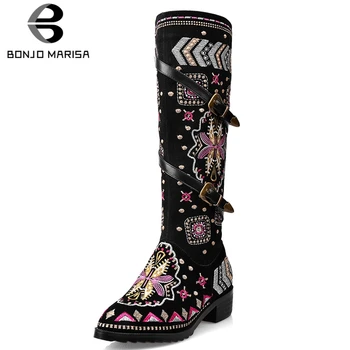 

BONJOMARISA 34-46 Brand Ethnic mid-calf Riding Boots Lady Embroider Genuine Leather Suede Boots Women 2020 Med Heels Shoes Woman