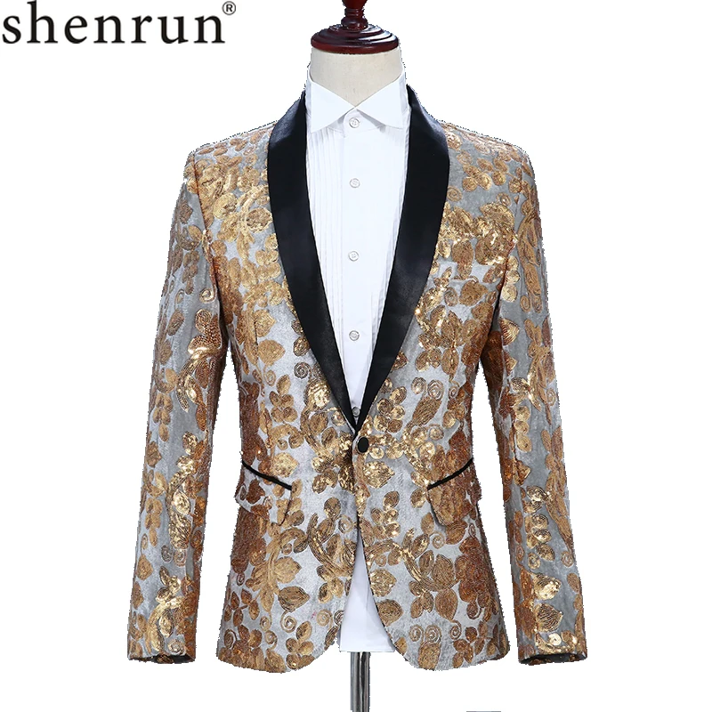 

Men Fashion Slim Fit Blazer Single Row Silver Velvet Gold Sequins Suit Jacket Wedding Groom MC DJ Singer Dancer Host Costume