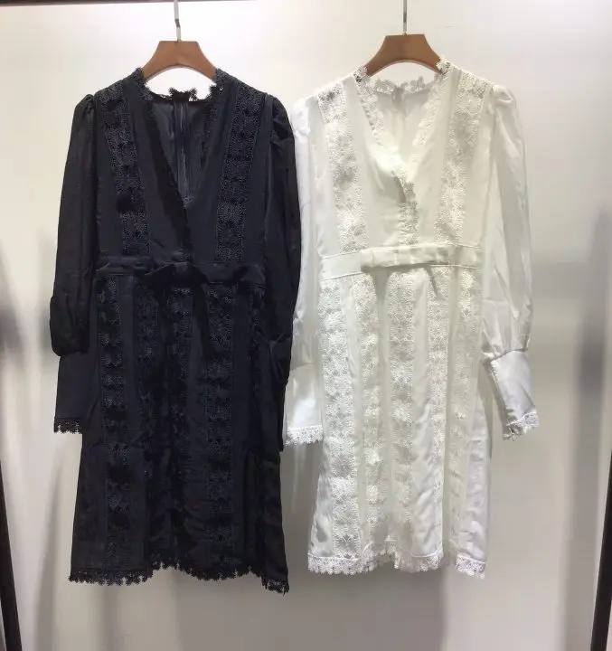 

2019 Vintage Autumn New Silk-cotton Custom-made Butterfly Lace V-neck Openwork Dress Size S M L Free Shipping Worldwide