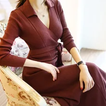 Осень, стиль, женское платье, элегантное, облегающее, длинный свитер, юбка, v-образный вырез, платье с запахом, вязаное платье с длинным рукавом