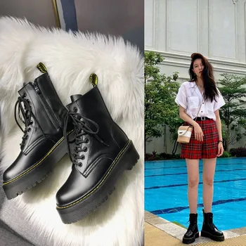 

Shoes Waterproof Women Winter Muffin 2019 Platform Creepers Combat Knit Side Zip Boots Ankle Flatform Lace Up Fashion Military