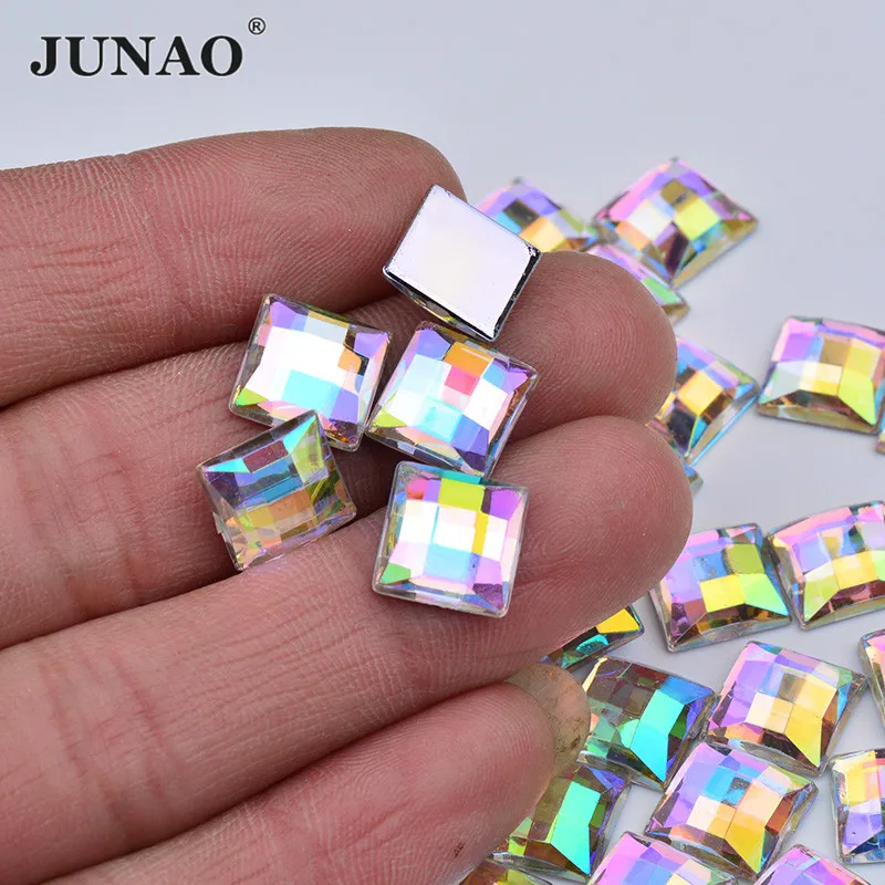 JUNAO 8 10 12 14 16 mm Square Crystal AB Rhinestones Acrylic Applique Flatback Non Hot Fix Crystals Stones for Needlework Crafts