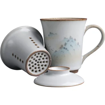 

Large Capacity Travel Chinese Tea Mug Ceramic Office Porcelain Coffee Mugs White Print Canecas De Porcelana Mug Infuser KK60MK