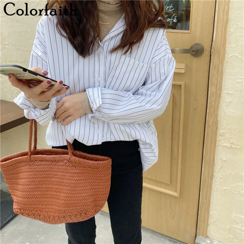 Colorfaith новинка 2020 весна лето женские блузки в полоску свободные с отложным
