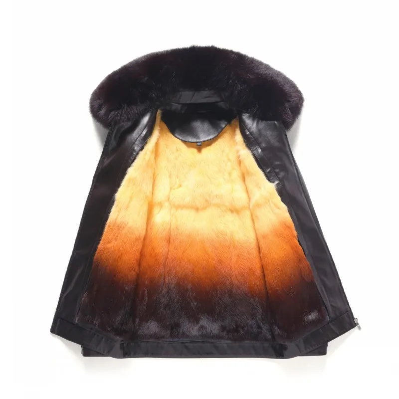 Winter Rabbit Real Fur Lining Warm Mens High Quality Pu Leather Jacket Real Fox Fur Collar Business Slim Fit Thick Coat 4XL