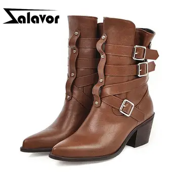

ZALAVER Plus Size 33-48 Retro Women Ankle Boots Ethnic Style Buckle Women Shoes Pointed Toe Vintage Travel Mujer Footwear