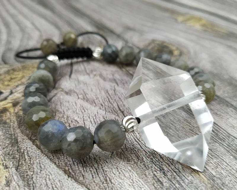 

YA4004 Natural Clear Quartz Double Point Labradorite Stone Beads Cord Knot Bracelet Adjust 6.5inch long