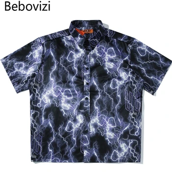 

Bebovizi Full Lightning Print Short Sleeve Hawaiian Shirt Summer Casual Floral Button Tropical Beach Hawaii Camp Oversized Shirt