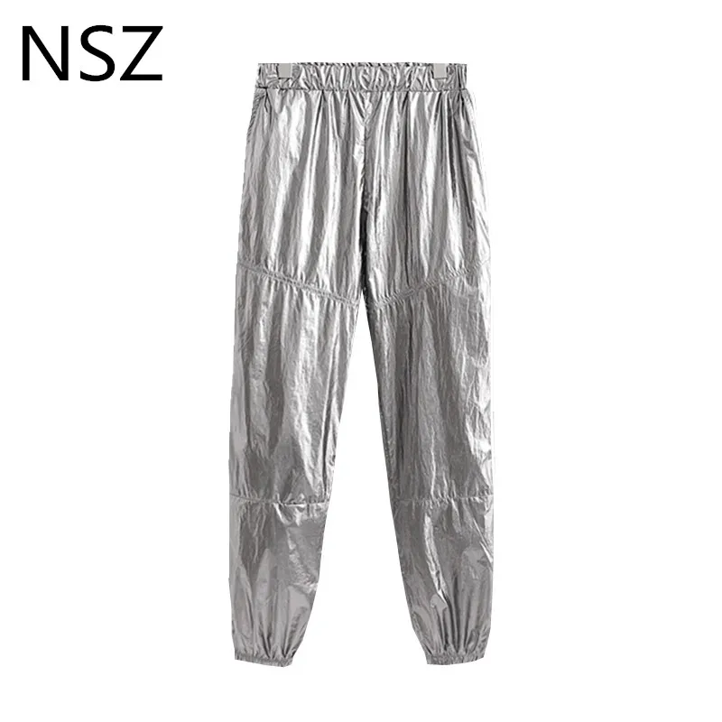 

NSZ Women Metal Bright Color Jogging pants Elastic Waist Sportswear Loose Hip Hop Training Pants Sweatpants Trousers
