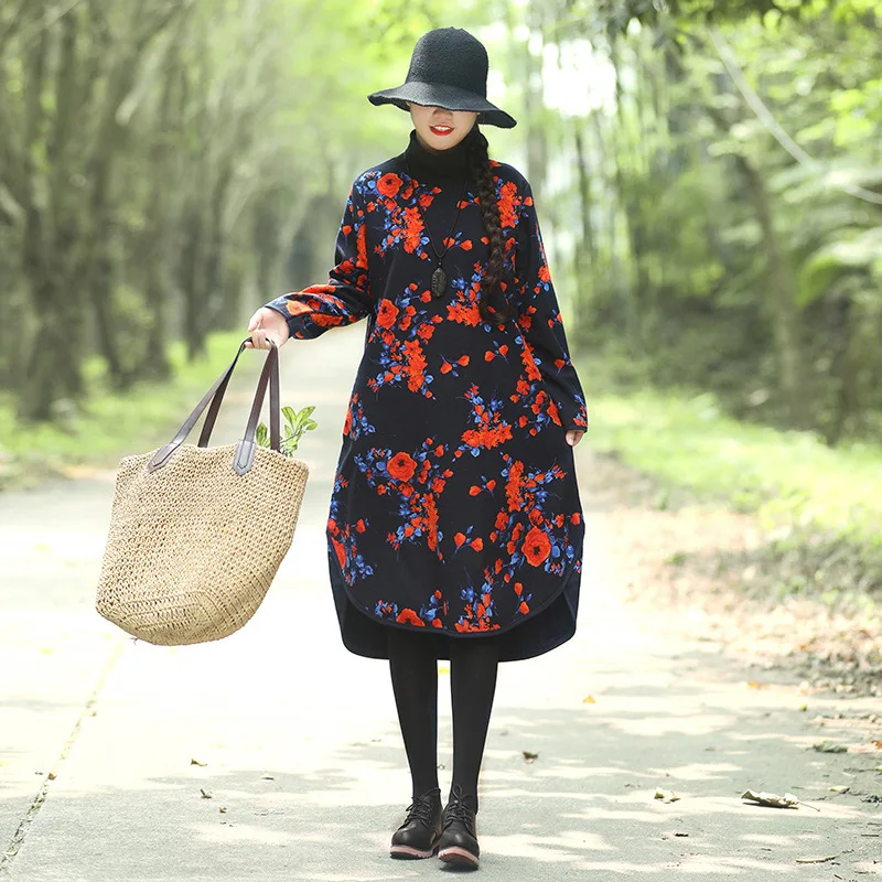 

2019 Autumn And Winter New Style Loose And Plus-sized WOMEN'S Dress National Wind plus Velvet Thick Cotton Thick Pattern Print H