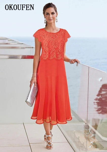 

Coral Orange Mother of the Bride Dresses Tea Length Lace Chiffon Cap Sleeve 2019 Short Wedding Party Gown vestido de madrinha