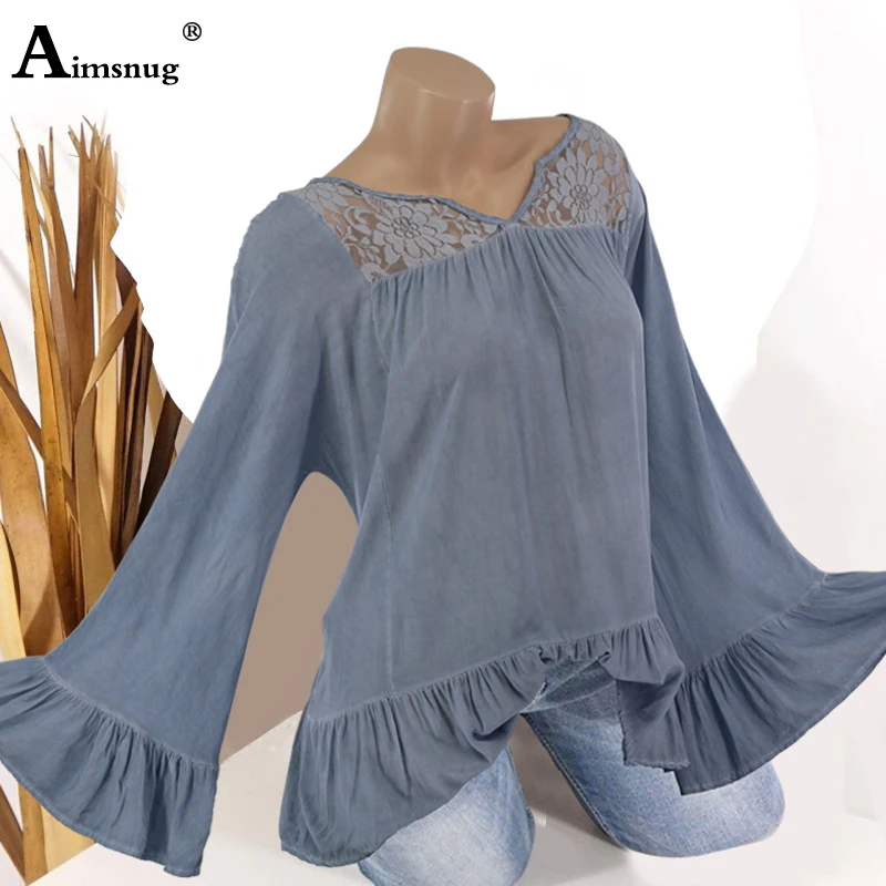 Плюс размер 4xl 5xl Кружева сращивания женские новые осенние Boho твердые черные топы длинный рукав "Бабочка" Женская футболка Повседневная футболка