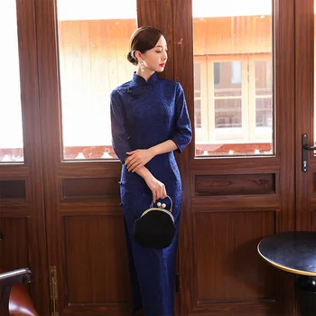 

Plus Size 3XL 4XL Long Lace Women Qipao Sexy Slim High Split Evening Party Dress Blue Mandarin Collar Cheongsam Vestidos