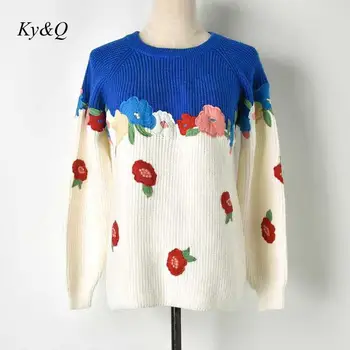 

Brand Designer Christmas Tide 2019 Winter Color Patchwork Women Embroidery Flower O-neck Knit Sweater Pullover Luxury Clothes