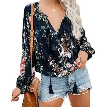 

Women Boho Floral Print Tassel Drawstring V Neck Long Sleeve Loose Blouse Top 2020 New Fashion womens top and blouses