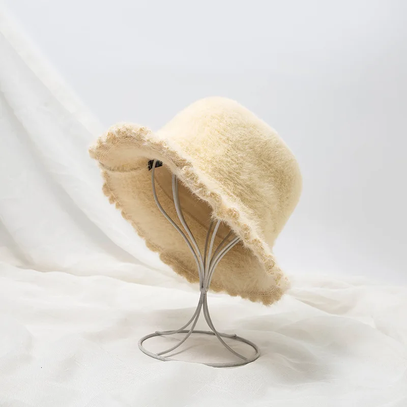 beige Модные однотонные утолщенные шапки, меховые, дикие, Осень-зима, шапки-ведерки, уличные, сохраняющие тепло, шапки в рыбацком стиле, модные, повседневные, для девушек, женская шапка - Цвет: beige