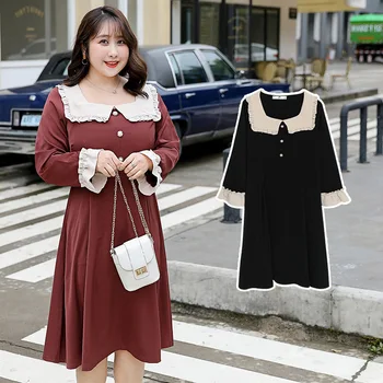 

Women's spring solid color square collar contrast color beaded dress plus size knee casual dress 100 kg can be worn