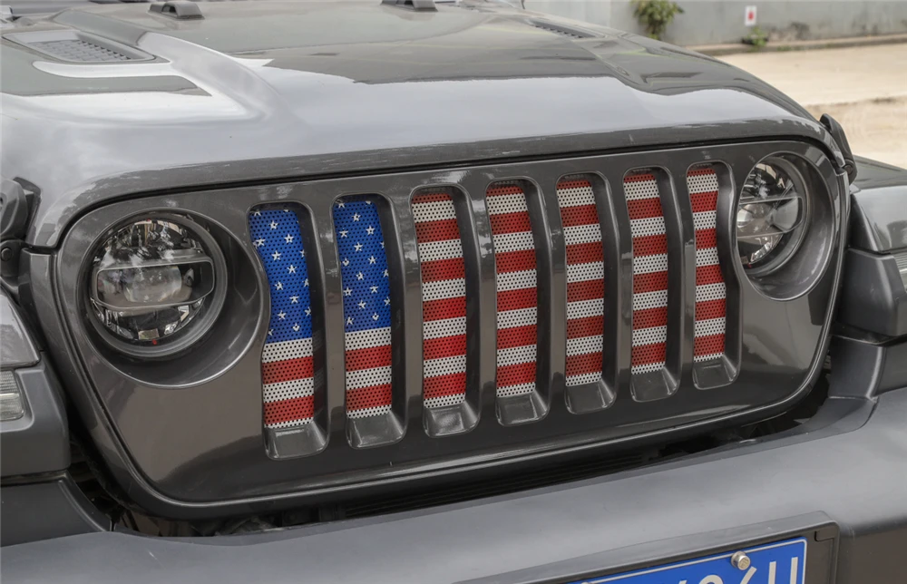 Противомоскитные сетки сетчатые решетки для Jeep Wrangler JL+ передние металлические с плоскими линзами, имиджевые покрытия автомобиля внешние Стайлинг Аксессуары флаг США