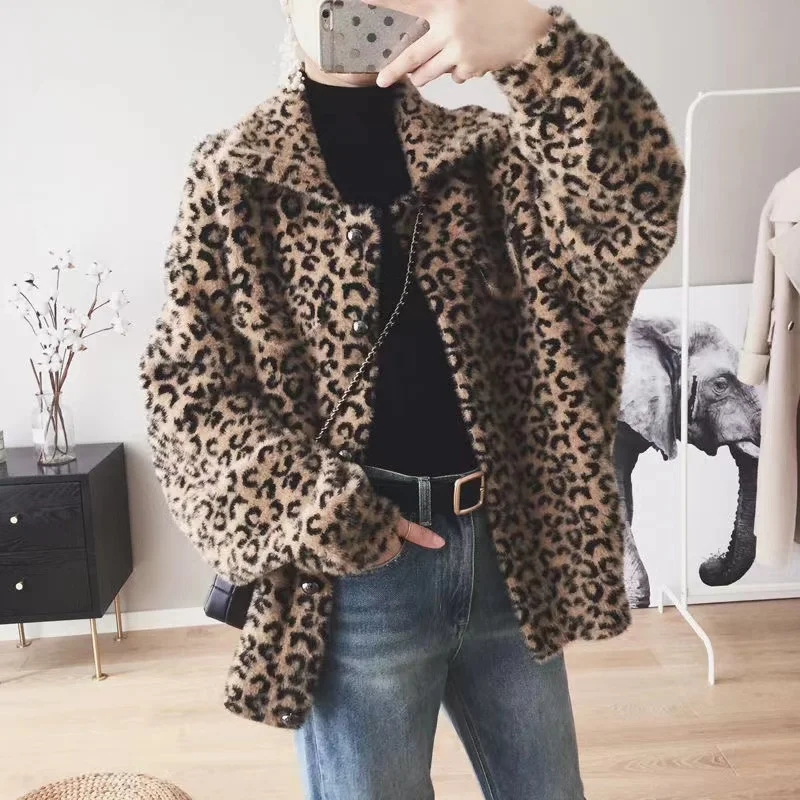 

Женский трикотажный кардиган, повседневный Леопардовый свитер с длинным рукавом, с отложным воротником, в Корейском стиле, Осень-зима 2021