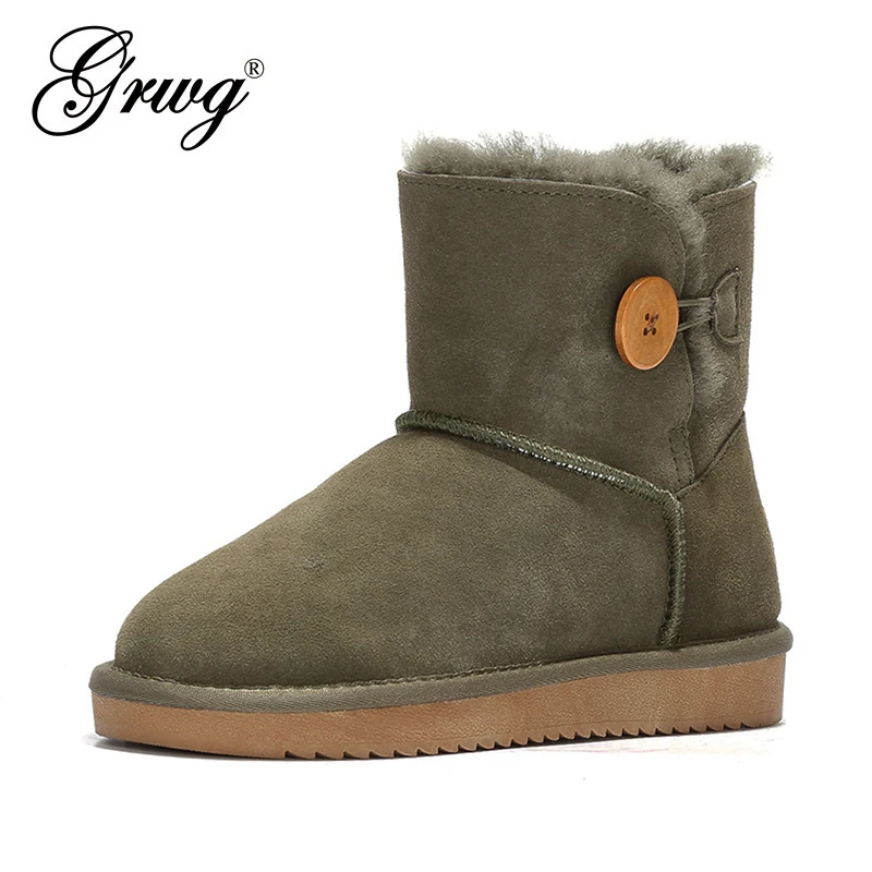 Ceny GRWG 2020 nowy marka prawdziwej skóry 100% wełniane śniegowce dla kobiet mini przycisk botki zimowe buty darmowa wysyłka