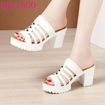 

GKTINOO Thick Heels Sandals For Women Footwear New 2020 Summer Fashion Platform High Heel Open Toe Ladies Slippers Leather Shoes