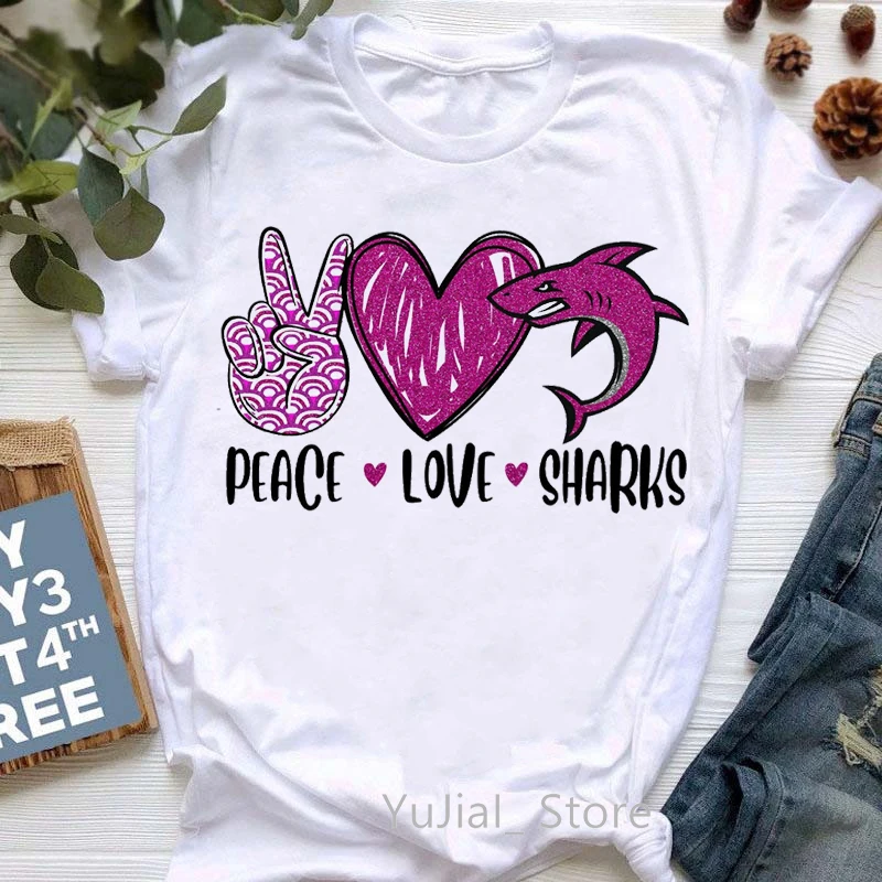 

Peace Love Wildcats/Sharks Graphic Print T-Shirt Women Funny Leopard Love Tshirt Femme Harajuku Kawaii Clothes Summer Fashion
