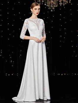 

BGW Boat Neck Satin A Line Formal Evening Dresses Three Quarter Sleeves Black White Vestido De Festa Longo Zipper Back