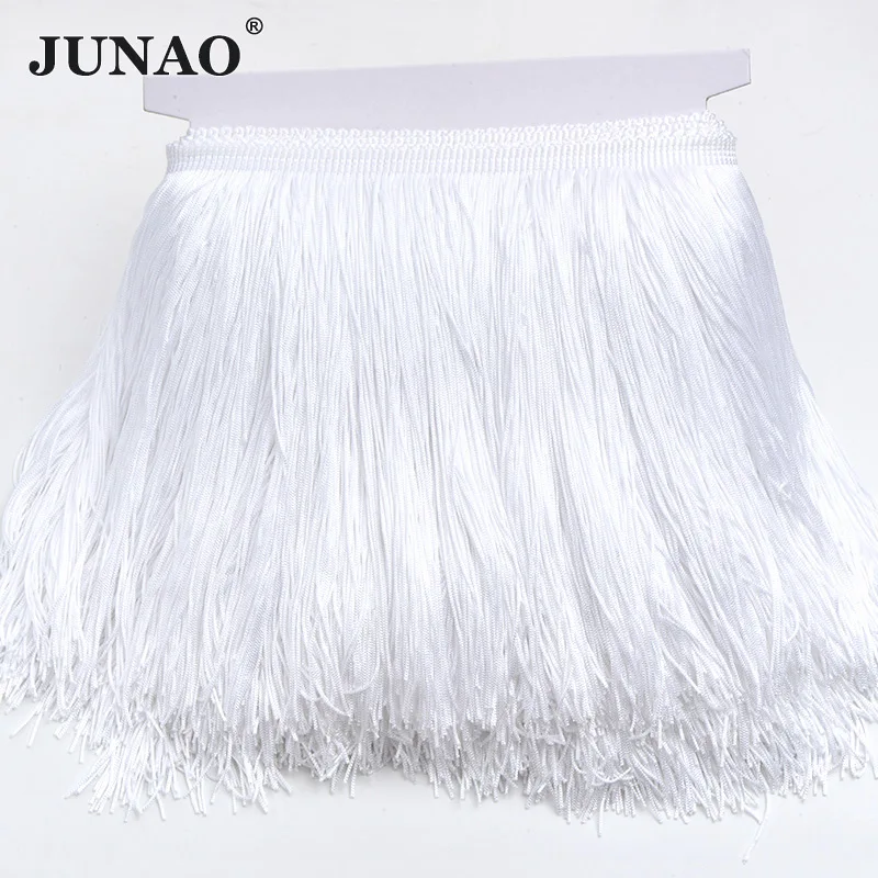 JUNAO двойная линия! 20 см длинные Orang цвет Chinlon бахрома кисточка кружевная отделка Лента шитье латинское платье сценическая одежда занавес 10 метров - Цвет: White