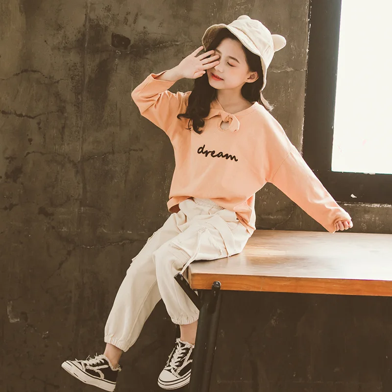 

2020 GIRL'S Suit Spring And Autumn New Style Korean-style Big Boy Hoodie Bib Overall Online Celebrity Two-Piece Set