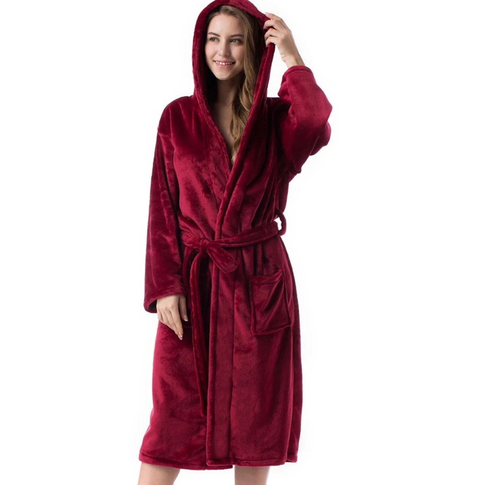 

Women Dressing Gown Autumn Winter Warm Bath Midi Pockets Night Solid Shimmer Flannel Luxury Belt Hooded Long Sleeve