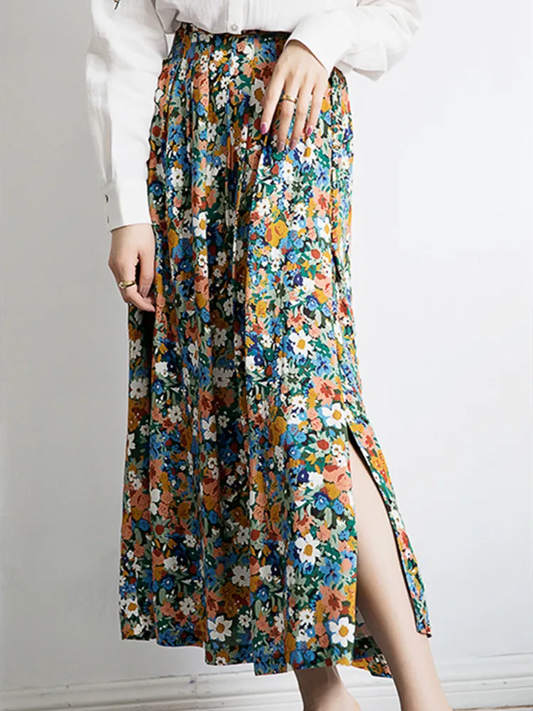

Floral Pleated Skirt Spring Summer Women Colorful Print Side Slit Midi Skirt Female Clothing