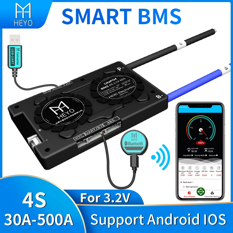 Smart bms Lifepo4 4s 100A 200a 30A 40A 60A for lithium battery pack rated 3.2V 12V with bluetooth UART usb to PC terminal Ntc