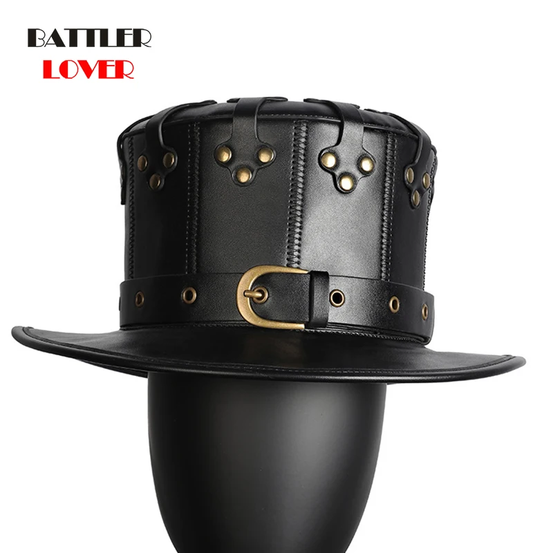 Unisex Adult Black Rivet PU Leather Halloween Plague Doctor Cosplay Steampunk Flat Hat Gothic Costume Accessories Anime Props